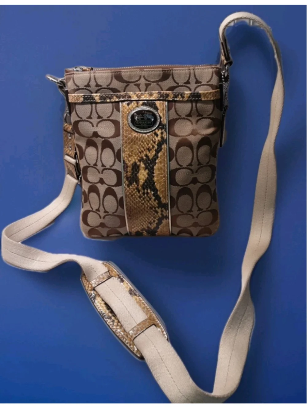 COACH-Sutton-Signature Crossbody-Python Trim-Gold Logo Khaki Jacquard #47875